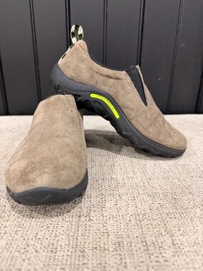 Merrell Kids Slip-On Suede Loafers in Taupe with Black Sole and Lime Accent